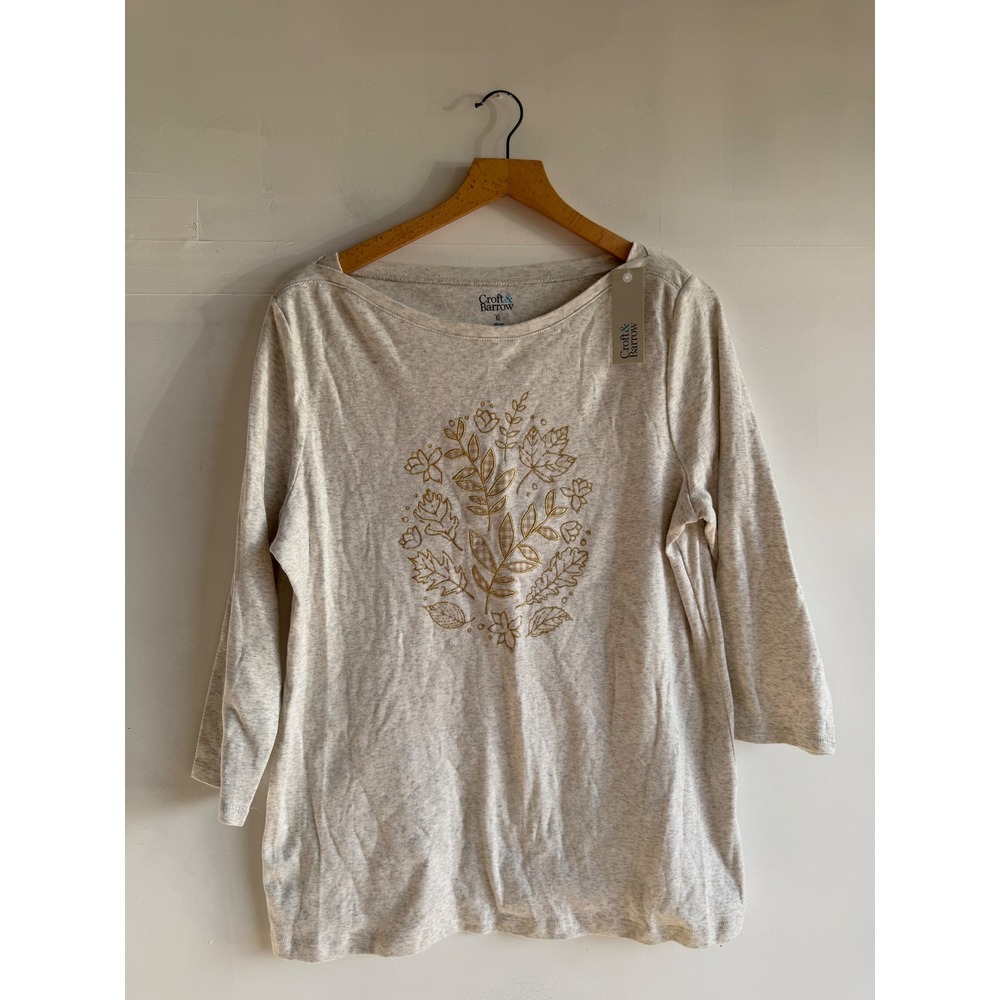 Croft & Barrow Womens XL Oatmeal Heather Gold Floral Embroidered Tee NWT Fall